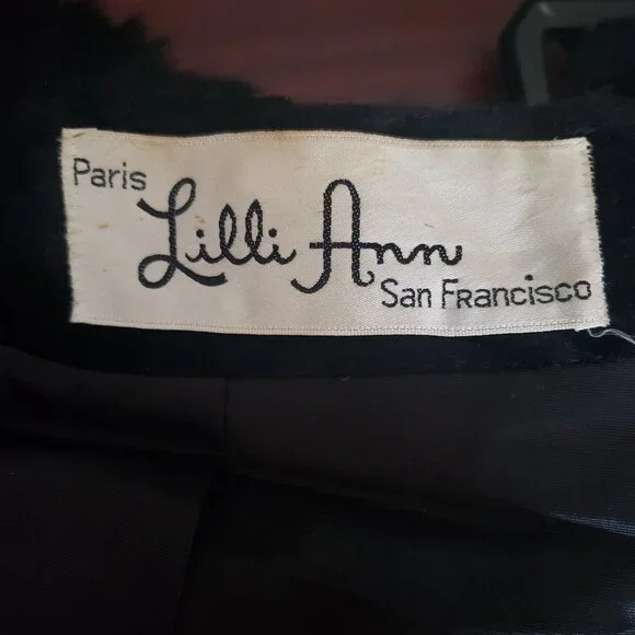 Lilli Ann Rare Vintage 60s Black Velvet Coat Faux Fur Trim US Union Made
